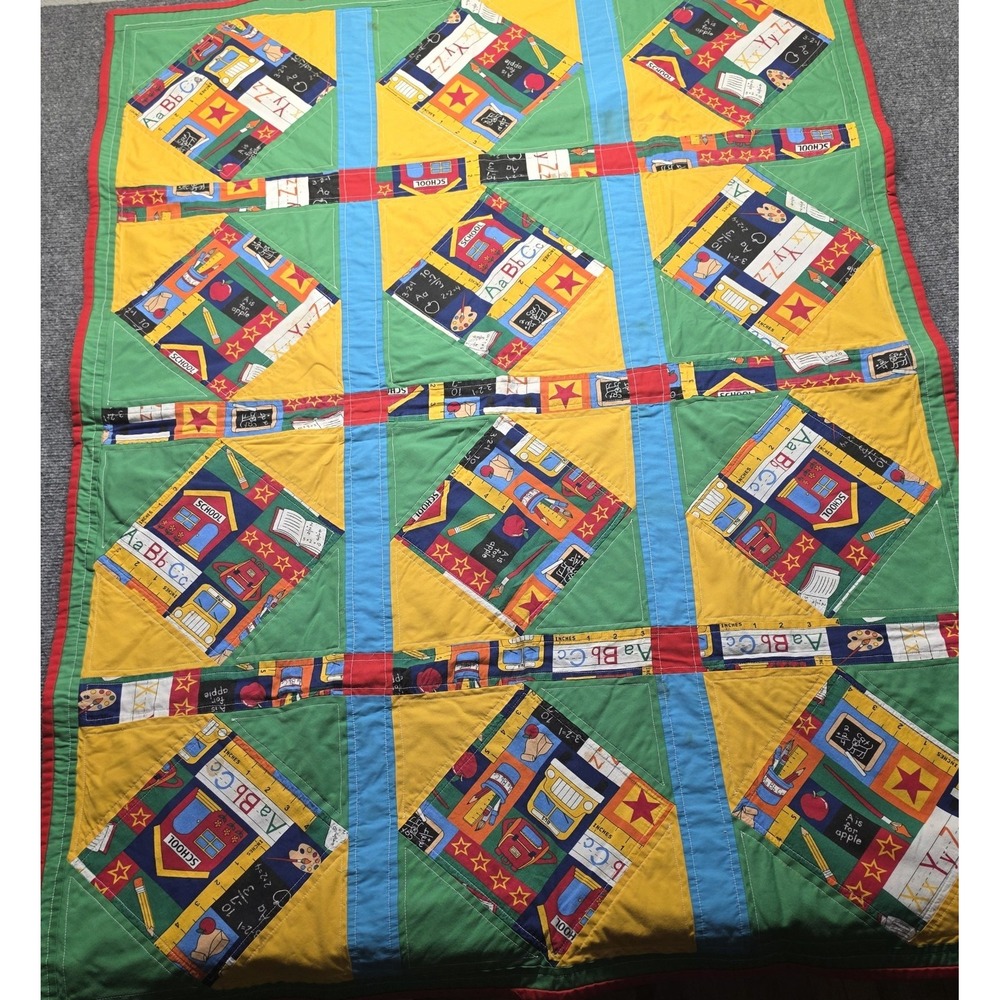 Vtg Project Linus Handmade School ABC Patchwork Lap Quilt Puzzle Backing 37x49